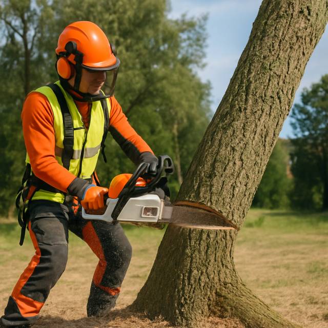 Professzionális fakivágás folyamatban - biztonságos technika